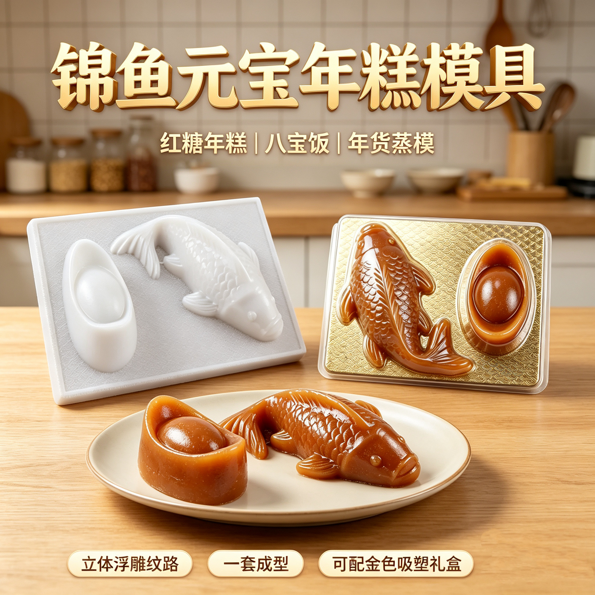 大鲤鱼金元宝年糕模具过年糕点模具马蹄糕凉皮鱼冻模具吸塑盒包装