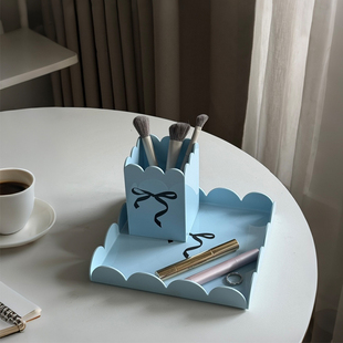 SilentWind寂风ins蝴蝶结蓝色桌面收纳托盘收纳桶梳妆台收纳系列