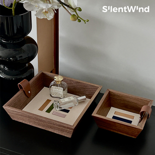 SilentWind寂风实木皮革把手托盘收纳盒桌面收纳盒玄关装 饰品摆件