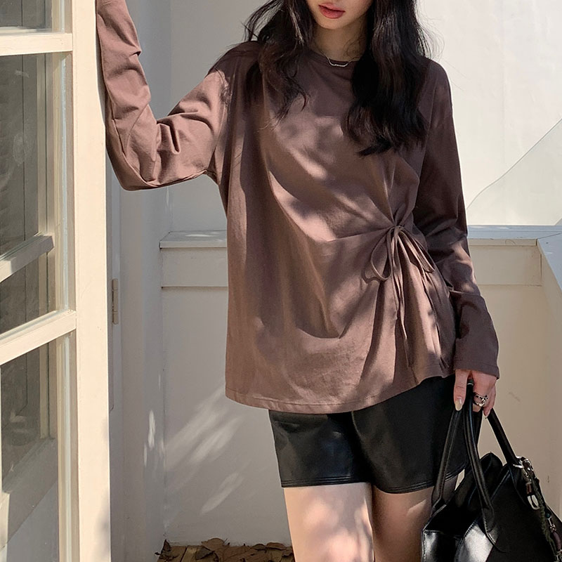 宽松藏肉中长款打底衫女系带收腰长袖T恤秋冬秋款黑色上衣遮屁股