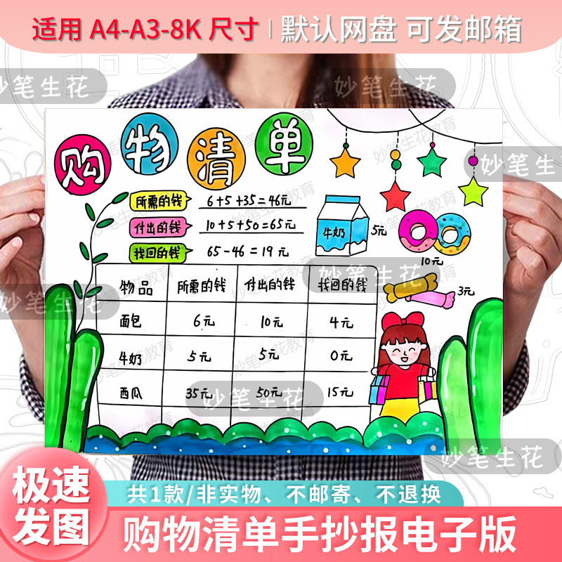 数学购物清单手抄报模板电子版年货清单电子版主题儿童画