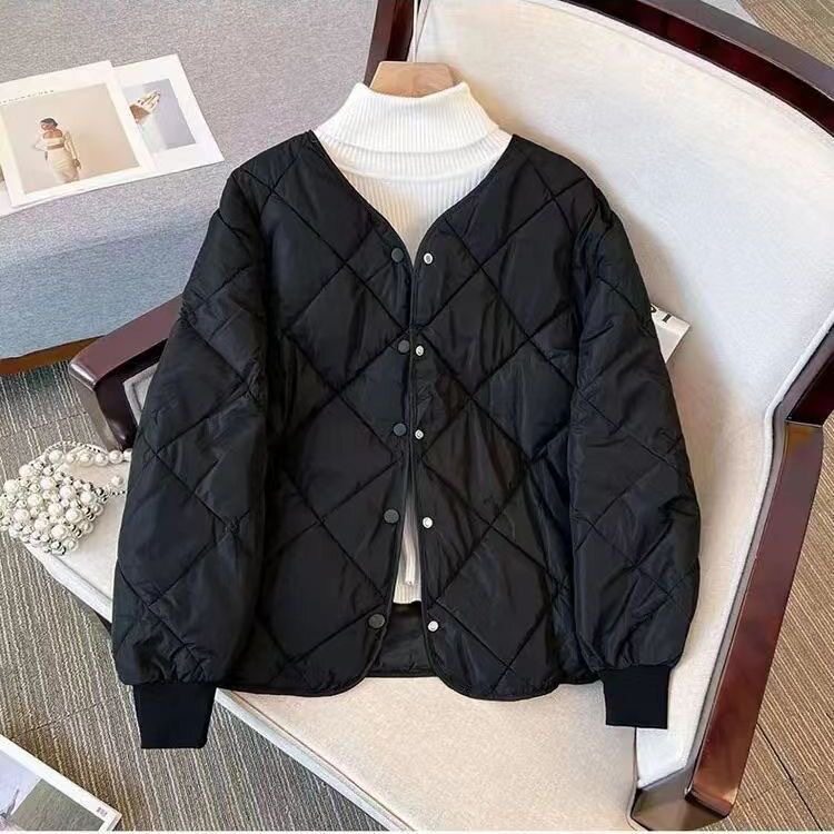 韩版大码棉服女装短款菱格ins无