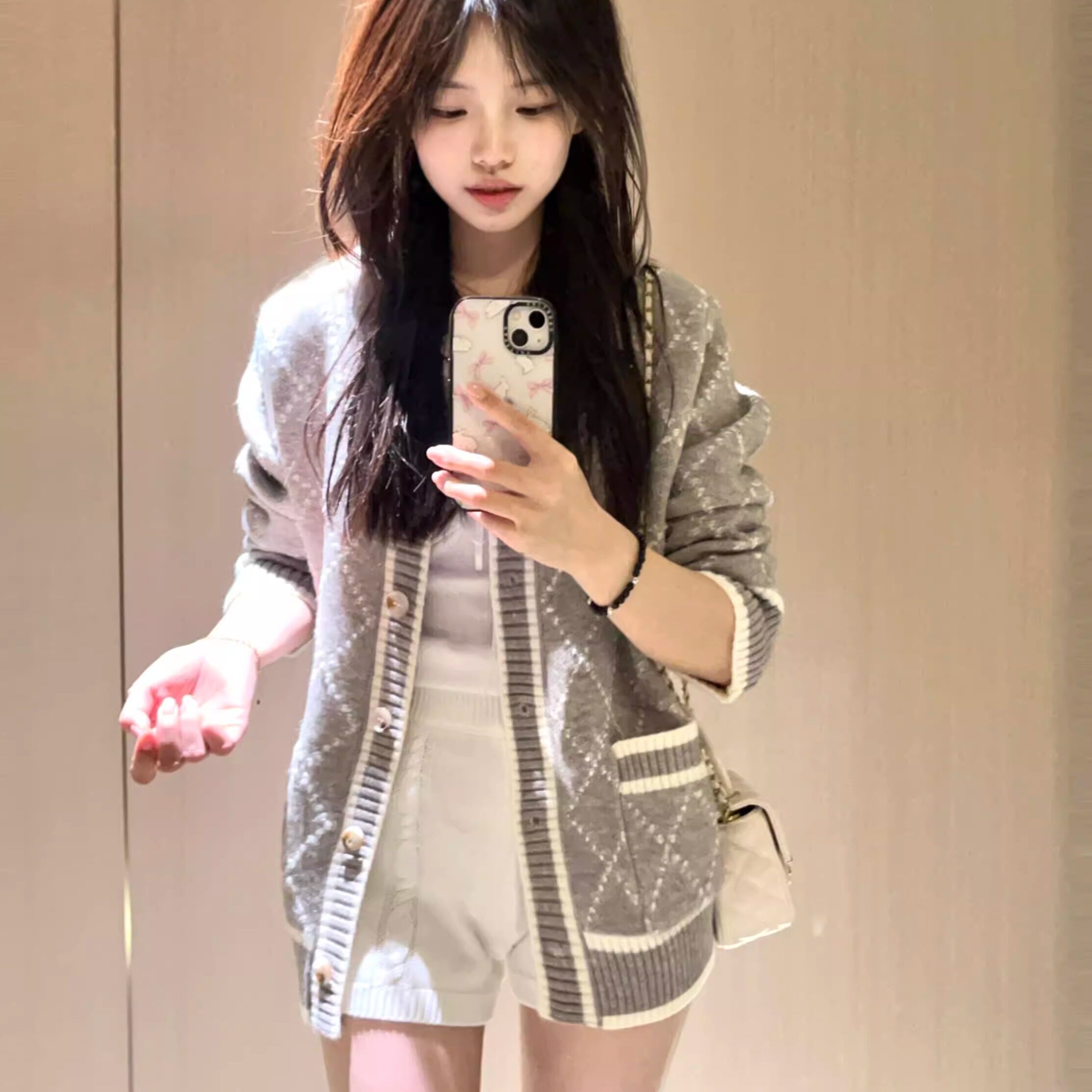 设计感菱格毛衣外套女春