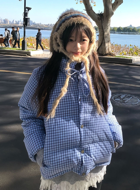蓝色格子棉服女2025冬季新款宽松可拆卸马甲设计感学院风棉袄外套