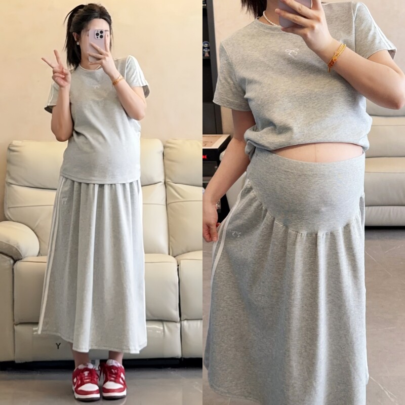 孕妇夏季显瘦高腰托腹遮肚两件套