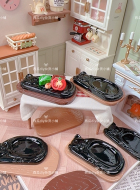 仿真微缩食玩娃娃屋场景木纹托盘黑猫双层牛排盘子diy冰箱贴配件