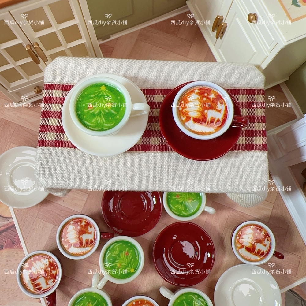 圣诞树咖啡杯食玩娃屋过家家玩具餐盘桌面摆件diy树脂配件拉花盘