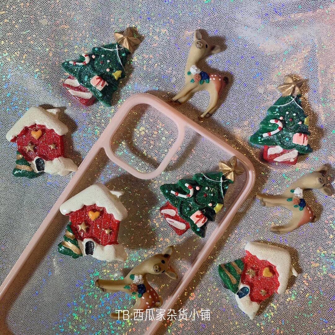 圣诞节配件森林麋鹿学房子圣诞树大号树脂配件diy材料奶油手机壳