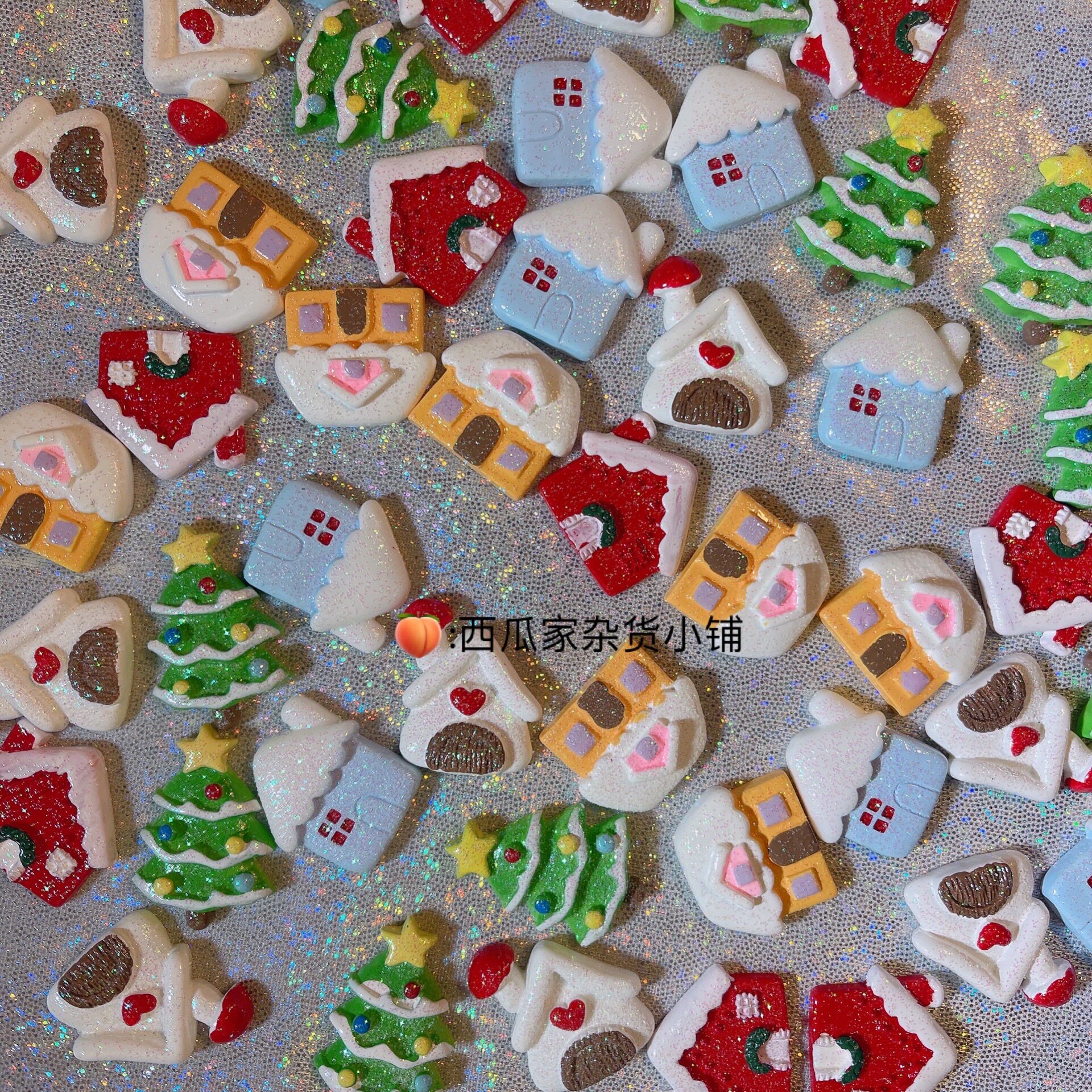 仿真小房子圣诞树爱心房子闪粉圣诞节树脂配件diy材料奶油手机壳