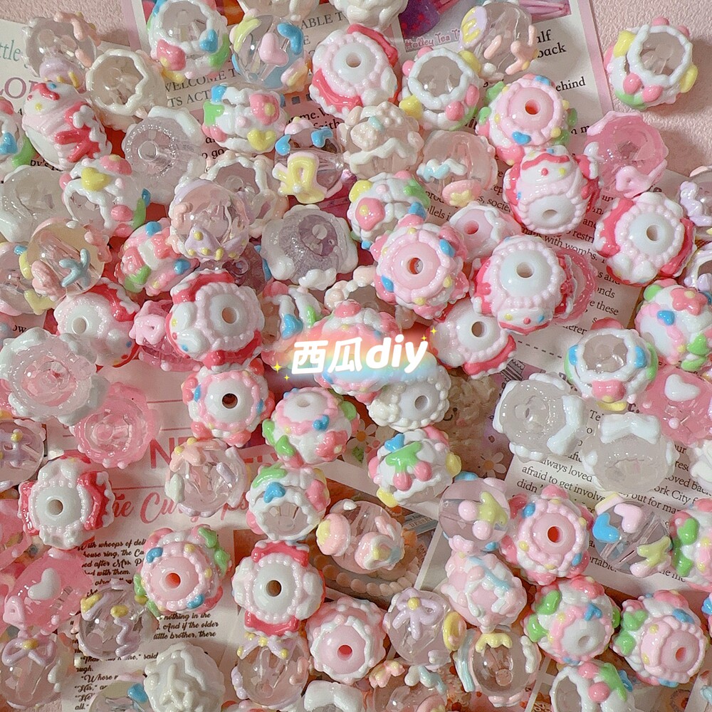 16mm手绘珠粉色马卡龙混装成品亚克力珠diy手机链串珠笔手链材料图片