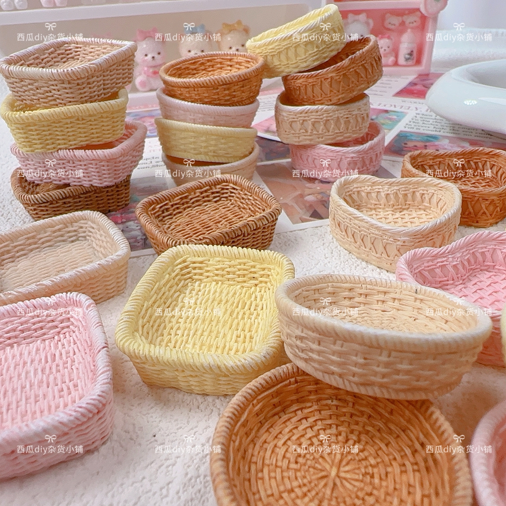 DIY树脂配件仿真藤编篮筐爱心筐竹筐冰箱贴创意篮子造景微缩摆件