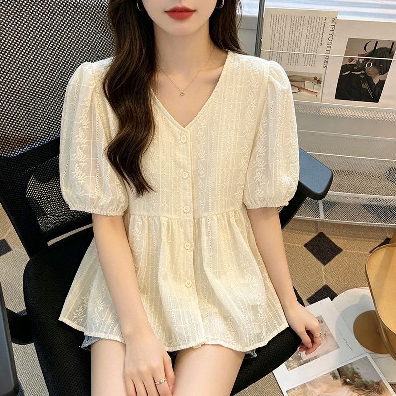 V领宽松蕾丝小衫女夏季雪纺衫衬新款短袖遮肚子修身显瘦大码上衣