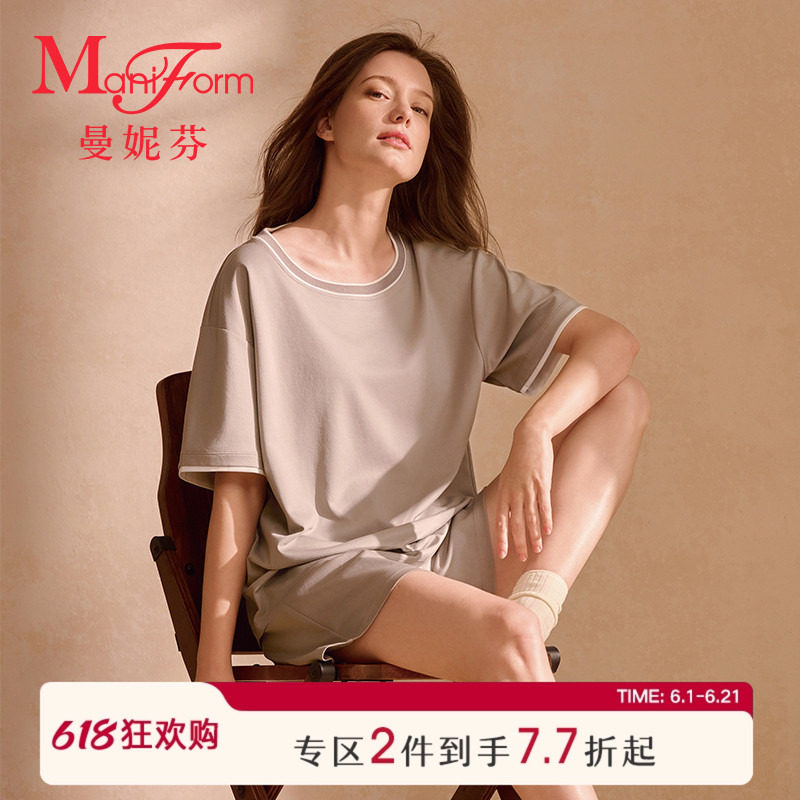 曼妮芬新疆棉凉感家居服女士可外穿运动风短袖短裤棉质睡衣套装