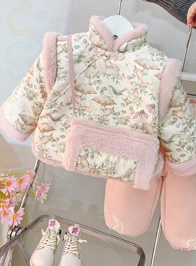 女宝宝冬季加绒加厚套装洋气复古