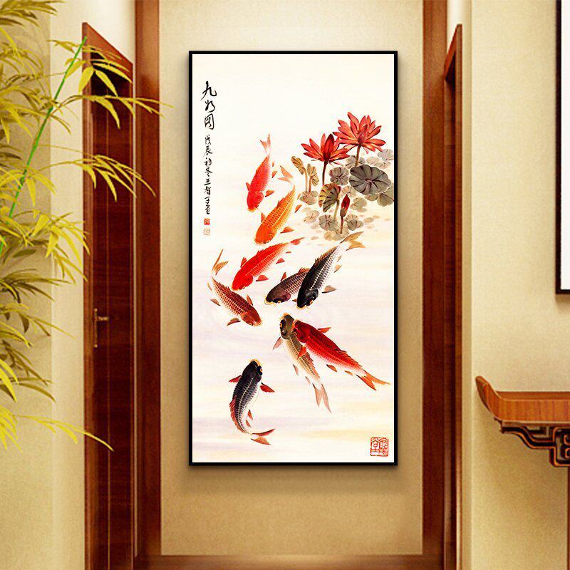 九鱼图钻石画满钻餐厅点钻十字绣砖石绣新款钻石绣走廊玄关竖版