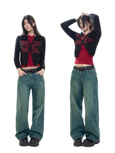 CLOTHESVOICE 男女 复古水洗做旧阔腿偏绿泛黄直筒百搭牛仔裤 长裤