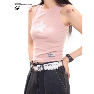 星星贴布logo刺绣背心螺纹高腰