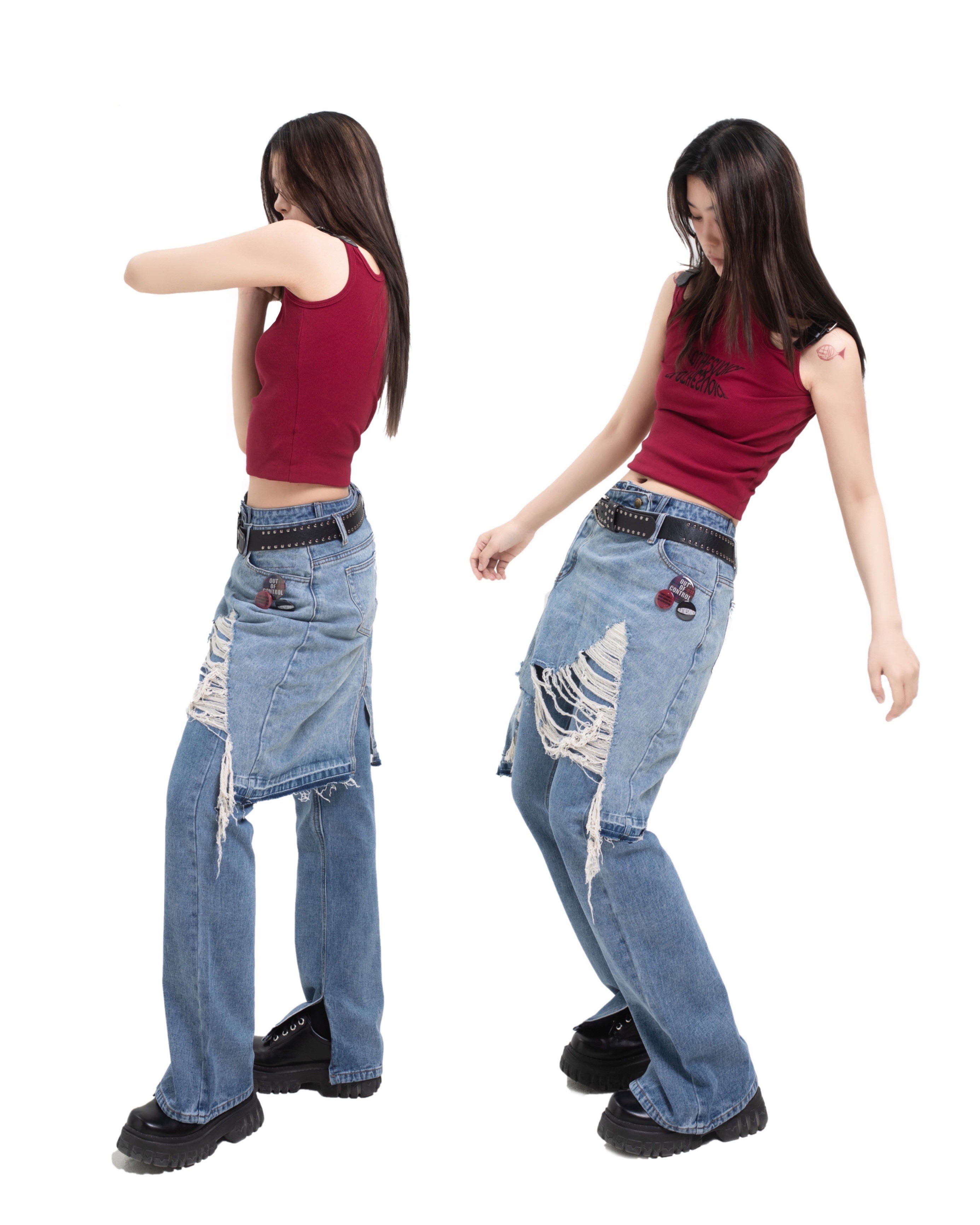 朋克风亚文化破洞显瘦不规则水洗撕边牛仔裙裤两件套CLOTHESVOICE