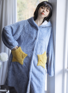 日系冬季珊瑚绒睡袍女睡衣连帽浴袍法兰绒秋冬加厚单件蓝色 SW262