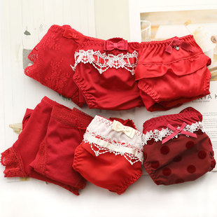 红色内裤女秋冬本命年纯棉蕾丝少女日系大红结婚中腰魅惑性感丝绸