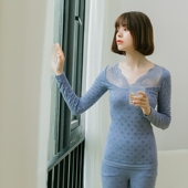 秋秋裤 打底套装 内穿日系美体BNY01 薄款 蕾丝V领竹纤维保暖内衣女式