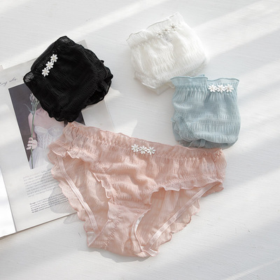日系弹力网纱半透明小雏菊三角裤