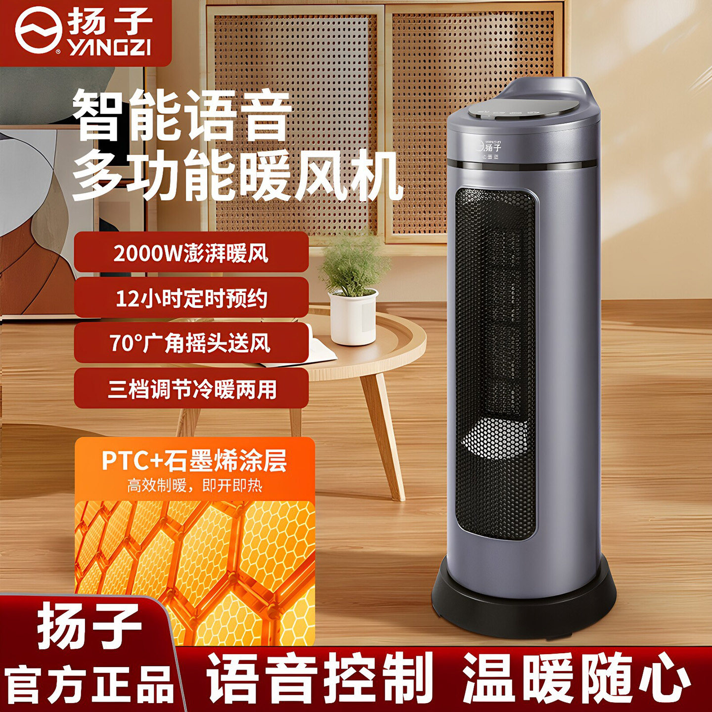 扬子小型暖风机家用取暖器速热摇头恒温电暖器节能省电电暖气