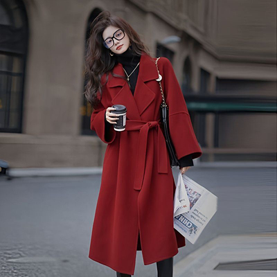 2025冬新款韩版宽松羊毛呢子外套潮中长款红色腰带双面羊绒大衣女