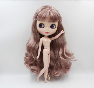 Blythe小布娃娃奶灰粉混合色卷发7关节塑料娃娃可换磨砂脸送手组