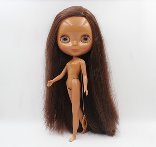 Blythe小布娃娃棕色偏分长直发超黑肌7关节素体塑料娃娃送衣服