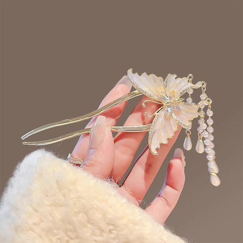 丨一折专区丨品牌撤柜丨古风国风蝴蝶珍珠流苏U型发簪女盘发簪子