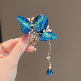 丨一折专区丨品牌撤柜丨蓝色刺绣蝴蝶发梳感古风插梳盘发梳子发夹