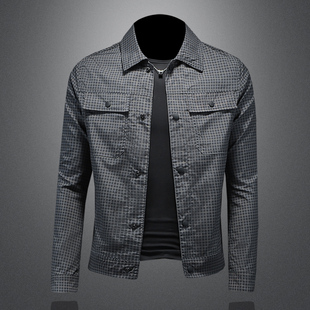夹克衫 潮流男士 修身 翻领细格纹潮流帅气外套薄款 2025春装 男装 新款