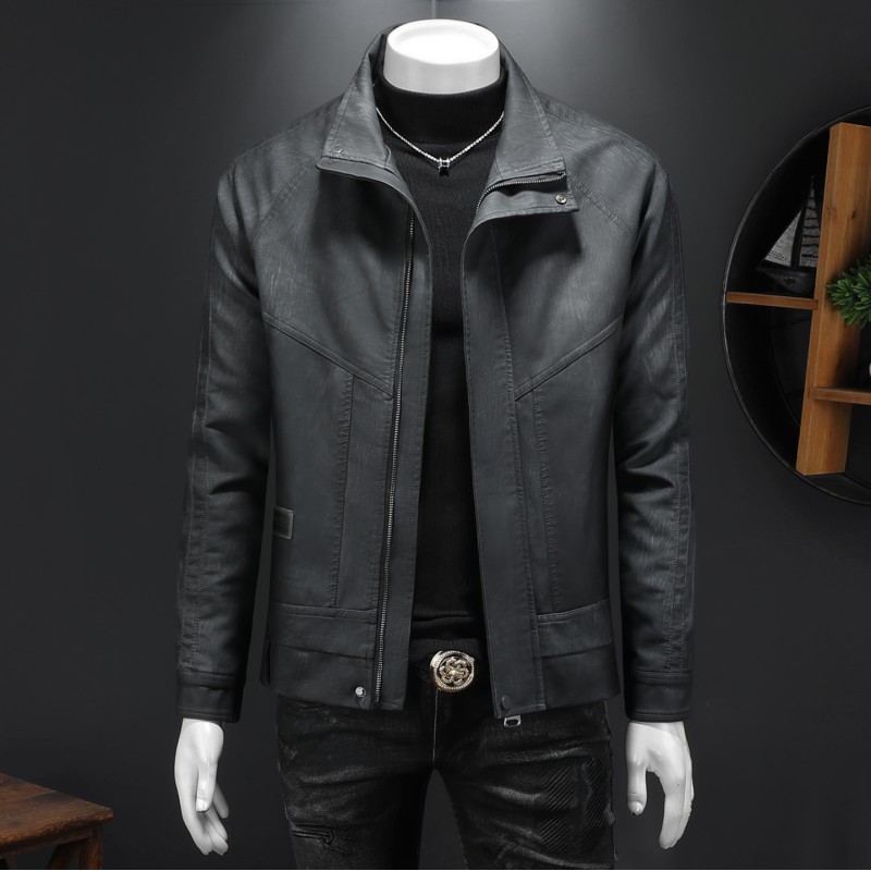 欧洲站上衣男士皮衣加绒加厚秋冬季机车服皮夹克立领帅气潮流时尚