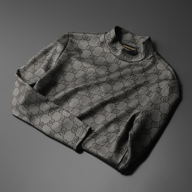 2025秋冬季新款打底厚男士半高领打底衫男潮印花长袖T恤修身小衫