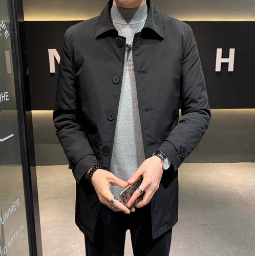 冬季中长款羽绒服男修身衬衫领白鸭绒保暖棉衣商务休闲大码外套潮