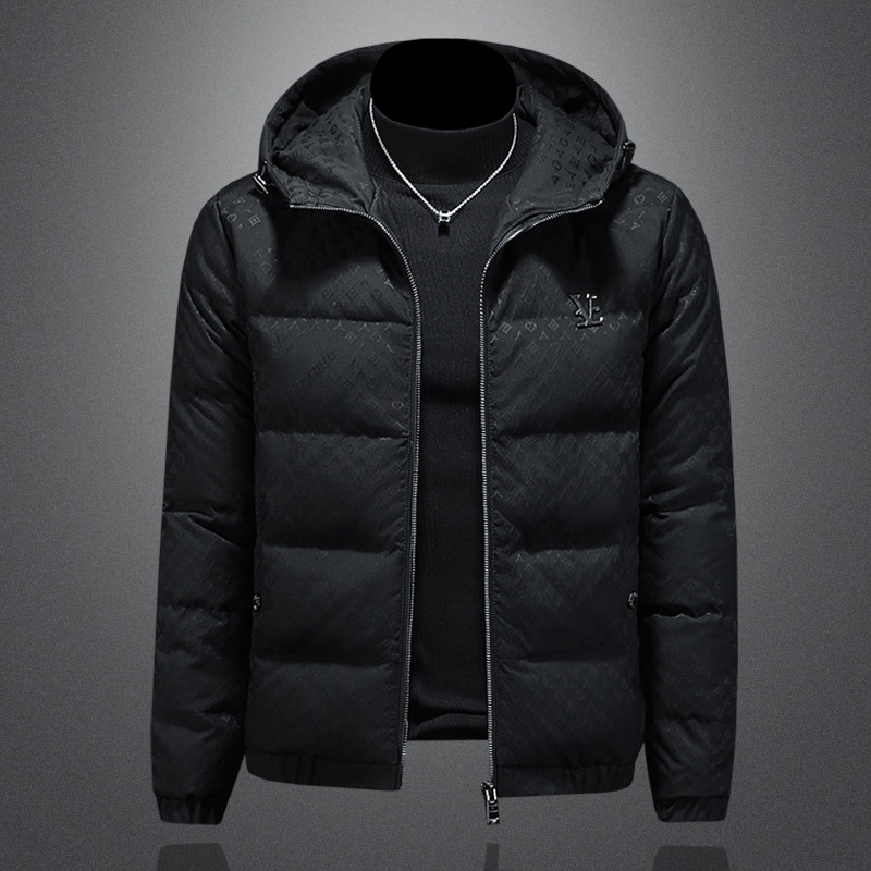 个性时尚男士新款高端冬季90大码白鸭绒连帽提花羽绒服保暖高品质