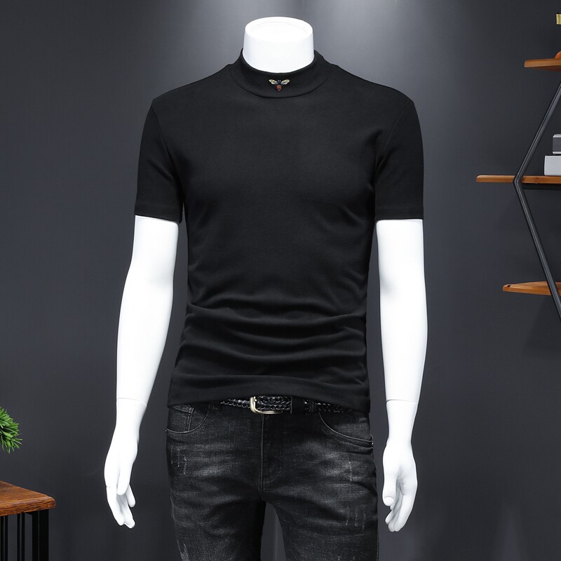 2021 남성용 하프 터틀넥 반팔 티셔츠 잘 생긴 트렌디 브랜드 꿀벌 스팽글 바닥 셔츠 두꺼운면 미드 칼라 티셔츠