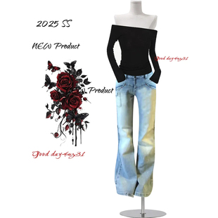 美式 街头显瘦喇叭裤 复古水洗口袋铆钉微喇牛仔裤 新款 女秋冬季 大码