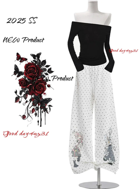 大码美式复古卡通印花波点阔腿裤女秋冬季新款街头小众垂感休闲裤