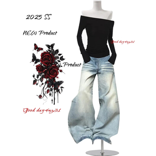 美式 街头风宽松弯刀长裤 复古猫须条纹设计牛仔裤 新款 女秋冬季 大码