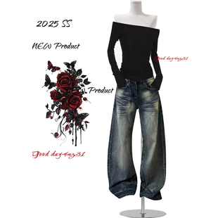 美式 街头宽松垂感百搭长裤 复古做旧脏染牛仔裤 新款 潮 女秋冬季 大码