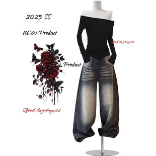 美式 街头猫须设计感百搭弯刀长裤 复古做旧牛仔裤 新款 女秋冬季 大码