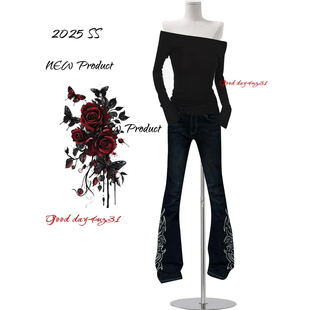 女秋冬季 复古图腾刺绣微喇牛仔裤 新款 街头个性 子 大码 喇叭长裤 美式