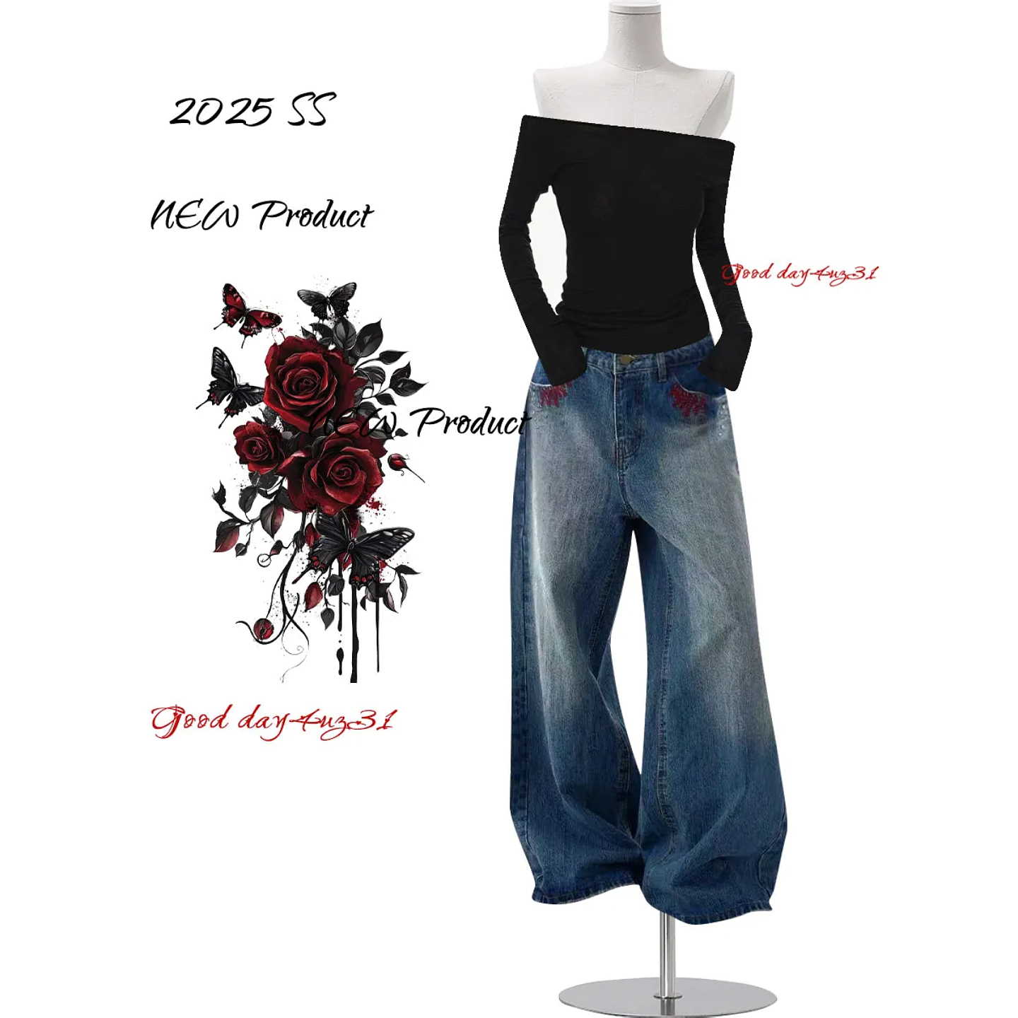 复古水洗口袋刺绣设计牛仔裤女