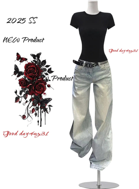 大码美式复古水洗做旧牛仔裤女夏季新款高街宽松显瘦直筒阔腿长裤