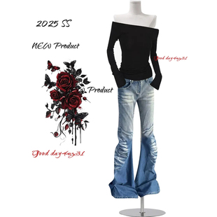 女秋冬季 复古猫须设计微喇牛仔裤 新款 街头修身 大码 褶皱喇叭裤 美式