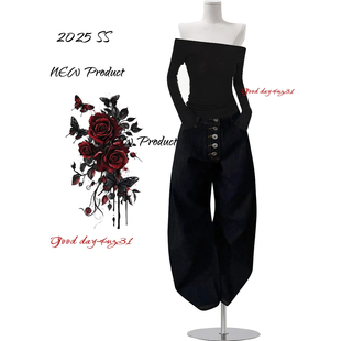 美式 街头高腰宽松弯刀长裤 复古排扣设计牛仔裤 新款 潮 女秋冬季 大码