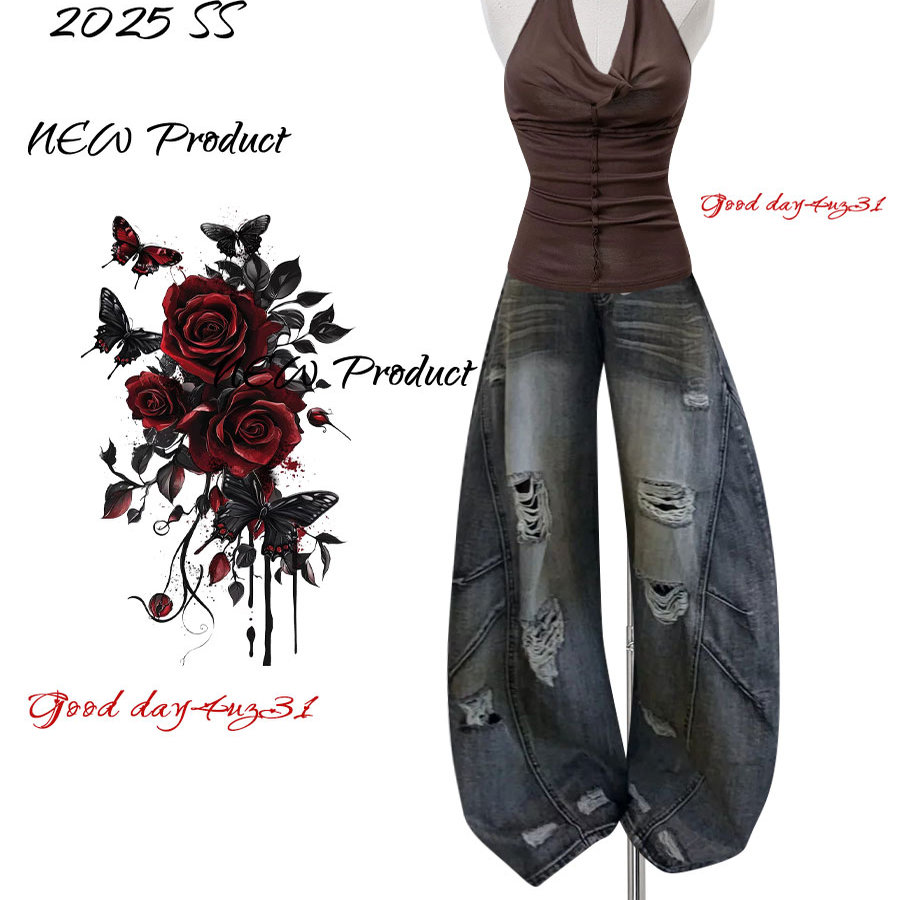 大码美式复古水洗破洞牛仔裤