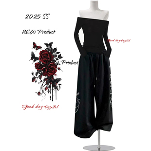 美式 街头宽松休闲长裤 复古烫钻字母设计感阔腿裤 新款 女秋冬季 大码